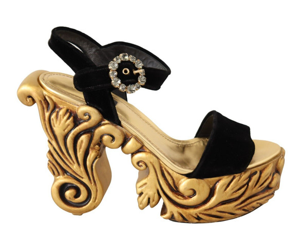 Black Gold Baroque Velvet Heels Crystal Shoes Black Gold Baroque Velvet Heels Crystal Shoes