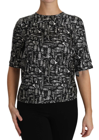 Black Musical Instruments Print Silk Blouse Black Musical Instruments Print Silk Blouse