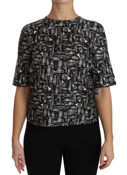 Black Musical Instruments Print Silk Blouse Black Musical Instruments Print Silk Blouse