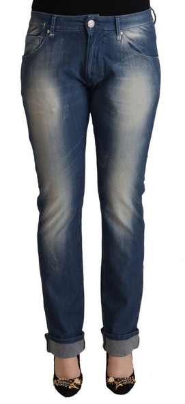 Blue Washed Mid Waist Folded Hem Skinny Jeans Blue Washed Mid Waist Folded Hem Skinny Jeans