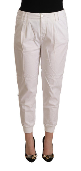 Met White Cotton Mid Waist Tapered Cropped Pants Met White Cotton Mid Waist Tapered Cropped Pants