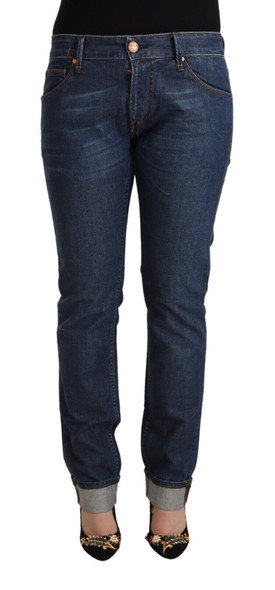 Acht Dark Blue Cotton Slim Fit Folded Hem Denim Jeans Acht Dark Blue Cotton Slim Fit Folded Hem Denim Jeans