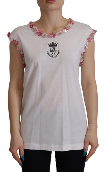 Dolce & Gabbana White DG Crown Floral Sequin T-shirt Dolce & Gabbana White DG Crown Floral Sequin T-shirt