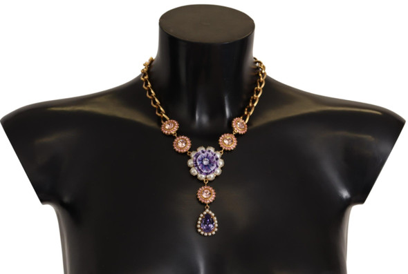 Dolce & Gabbana Gold Brass Crystal Purple Pink Pearl Pendants Necklace Dolce & Gabbana Gold Brass Crystal Purple Pink Pearl Pendants Necklace