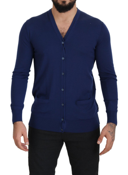 Blue Wool V-neck Button Down Cardigan Sweater Blue Wool V-neck Button Down Cardigan Sweater