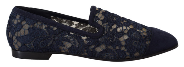 Dolce & Gabbana Blue Floral Lace Slip Ons Loafers Flats Shoes Dolce & Gabbana Blue Floral Lace Slip Ons Loafers Flats Shoes