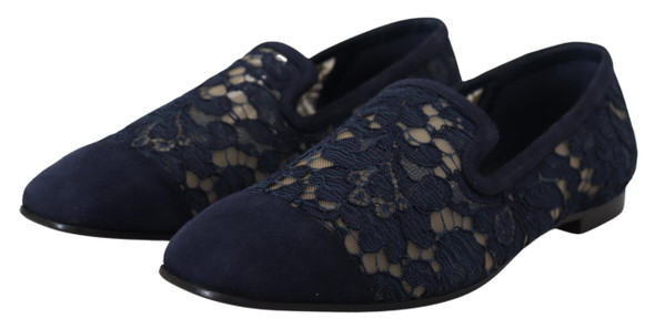 Dolce & Gabbana Blue Floral Lace Slip Ons Loafers Flats Shoes Dolce & Gabbana Blue Floral Lace Slip Ons Loafers Flats Shoes