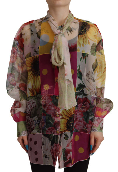 Multicolor Ascot Collar Patchwork Blouse Top Multicolor Ascot Collar Patchwork Blouse Top