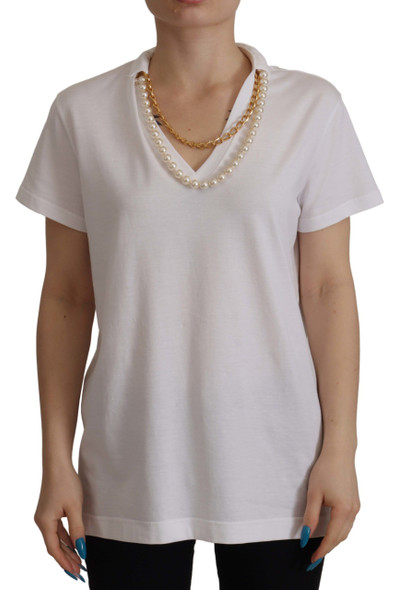 White Necklace Embellished Neckline T-shirt Top White Necklace Embellished Neckline T-shirt Top