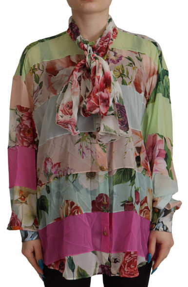 Dolce & Gabbana Multicolor Floral Patchwork Design Ascot Collar Top Blouse Dolce & Gabbana Multicolor Floral Patchwork Design Ascot Collar Top Blouse