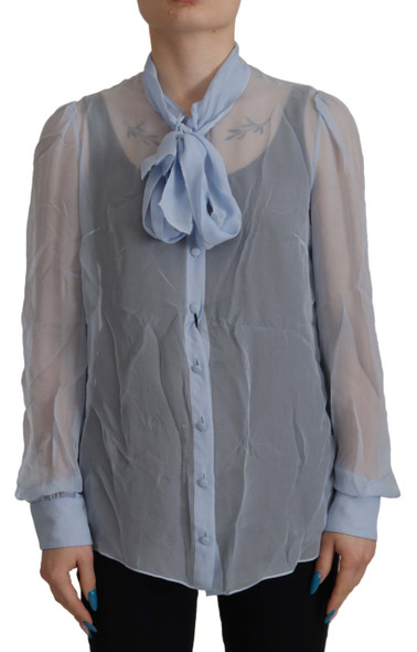 Light Blue Silk Ascot Collar Long Sleeves Top Light Blue Silk Ascot Collar Long Sleeves Top