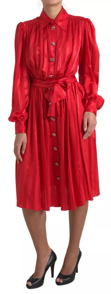 Dolce & Gabbana Red Button Down Belted Midi Satin Silk Dress Dolce & Gabbana Red Button Down Belted Midi Satin Silk Dress
