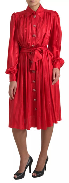 Dolce & Gabbana Red Button Down Belted Midi Satin Silk Dress Dolce & Gabbana Red Button Down Belted Midi Satin Silk Dress