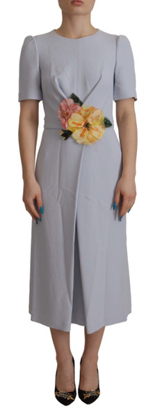 Dolce & Gabbana Blue Floral Applique Midi Viscose Dress Dolce & Gabbana Blue Floral Applique Midi Viscose Dress