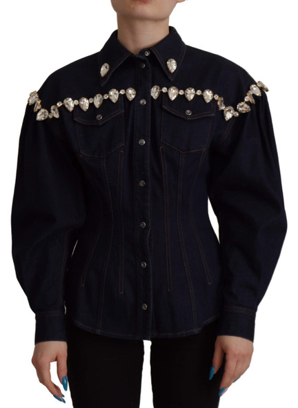Blue Denim Crystal Embellish Cotton Jacket Blue Denim Crystal Embellish Cotton Jacket