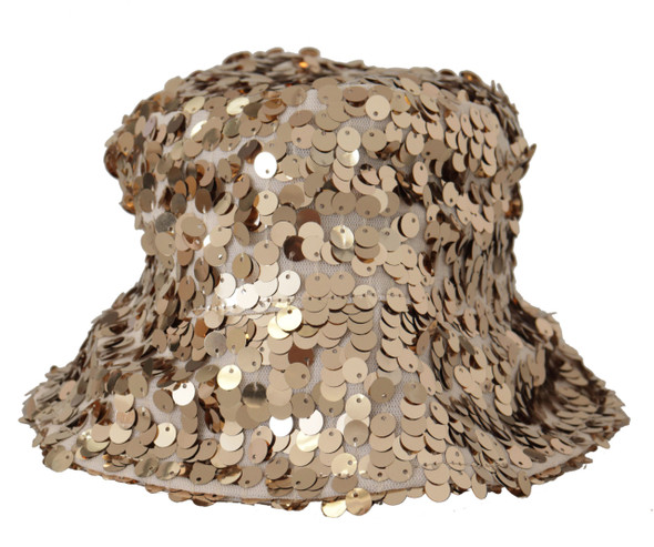 Dolce & Gabbana Gold Silk Sequin Embellished Designer Brim Bucket Hat Dolce & Gabbana Gold Silk Sequin Embellished Designer Brim Bucket Hat
