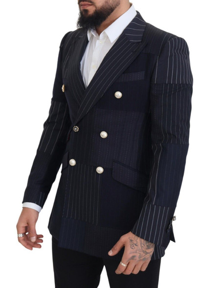 Blue Wool Patchwork Double Breasted Blazer Blue Wool Patchwork Double Breasted Blazer