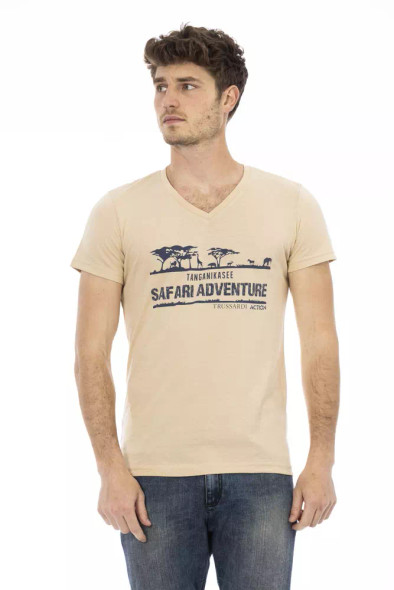 Trussardi Action Beige Cotton Men V-Neck T-Shirt Trussardi Action Beige Cotton Men V-Neck T-Shirt