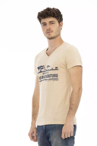 Trussardi Action Beige Cotton Men V-Neck T-Shirt Trussardi Action Beige Cotton Men V-Neck T-Shirt