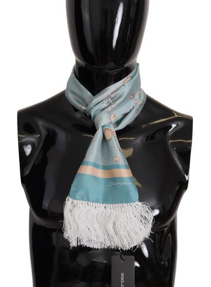 Blue Silk Shiny Shell-Print Neck Wrap Fringed Scarf Blue Silk Shiny Shell-Print Neck Wrap Fringed Scarf