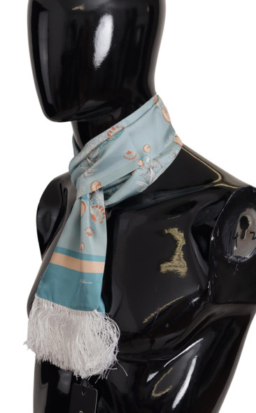 Blue Silk Shiny Shell-Print Neck Wrap Fringed Scarf Blue Silk Shiny Shell-Print Neck Wrap Fringed Scarf