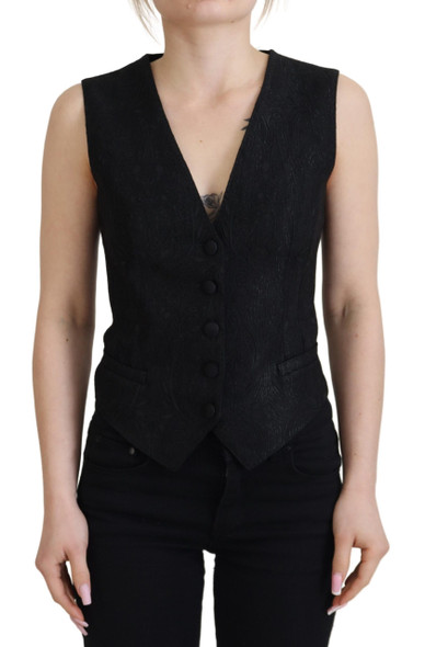 Dolce & Gabbana Black Brocade Button Down Sleeveless Vest Top Dolce & Gabbana Black Brocade Button Down Sleeveless Vest Top