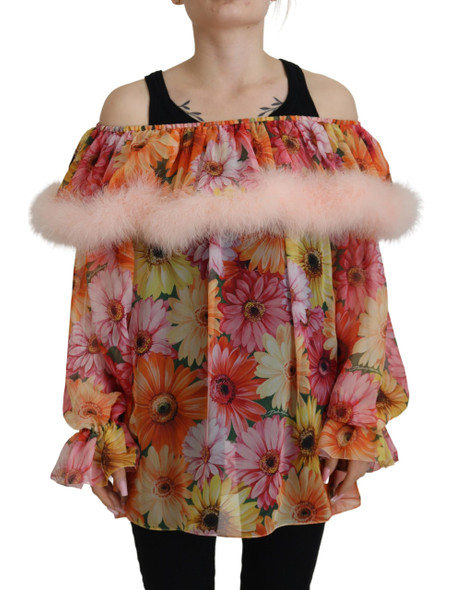 Dolce & Gabbana Multicolor Floral Fur Shearling Blouse Top Dolce & Gabbana Multicolor Floral Fur Shearling Blouse Top