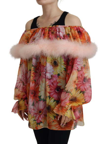 Dolce & Gabbana Multicolor Floral Fur Shearling Blouse Top Dolce & Gabbana Multicolor Floral Fur Shearling Blouse Top