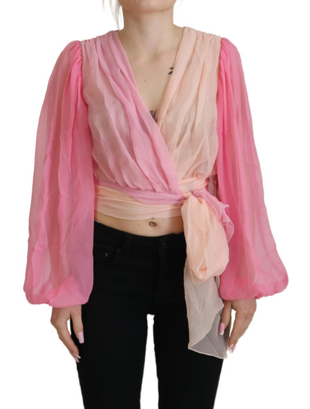 Dolce & Gabbana Pink Silk Wrap Long Sleeves Blouse Top Dolce & Gabbana Pink Silk Wrap Long Sleeves Blouse Top