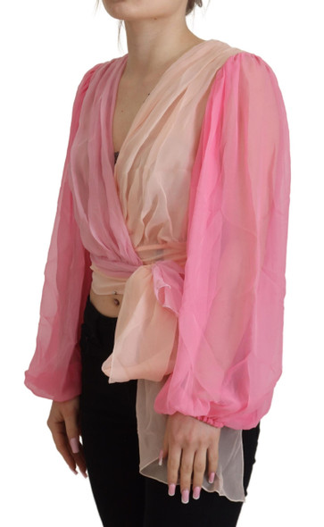 Pink Silk Wrap Long Sleeves Blouse Top Pink Silk Wrap Long Sleeves Blouse Top