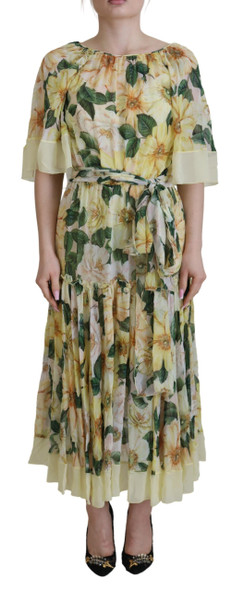 Yellow Floral Print Pleated Maxi Silk Dress Yellow Floral Print Pleated Maxi Silk Dress