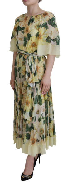 Yellow Floral Print Pleated Maxi Silk Dress Yellow Floral Print Pleated Maxi Silk Dress
