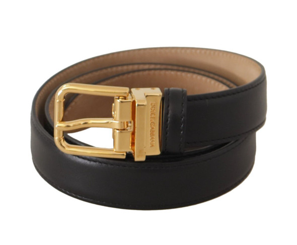 Black Calf Leather Gold Metal Logo Waist Buckle Belt Black Calf Leather Gold Metal Logo Waist Buckle Belt