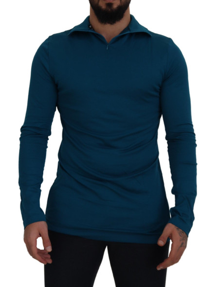 Dolce & Gabbana Blue Cotton Collared Slim Pullover Sweater Dolce & Gabbana Blue Cotton Collared Slim Pullover Sweater