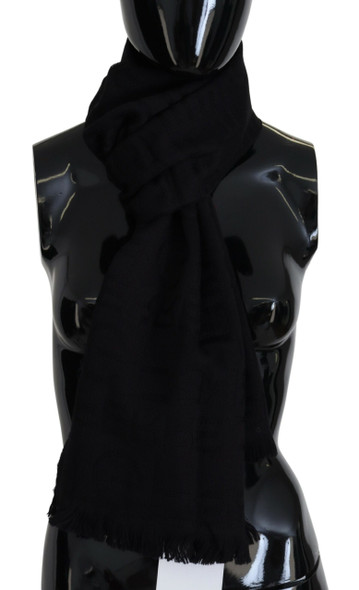 GF Ferre Black Wool Neck Wrap Shawl Fringes Scarf GF Ferre Black Wool Neck Wrap Shawl Fringes Scarf