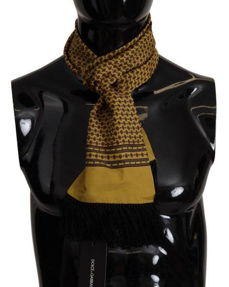 Yellow Patterned Silk Neck Wrap Fringe Scarf Yellow Patterned Silk Neck Wrap Fringe Scarf
