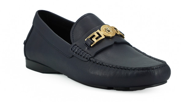 Versace Elegant Navy Blue Calf Leather Loafers Versace Elegant Navy Blue Calf Leather Loafers
