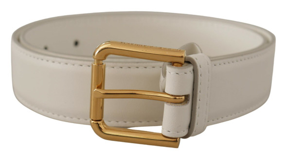 White Calf Leather Gold Tone Logo Metal Buckle Belt White Calf Leather Gold Tone Logo Metal Buckle Belt