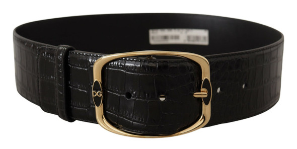 Dolce & Gabbana Black Crocodile Print Gold Metal DG Logo Buckle Belt Dolce & Gabbana Black Crocodile Print Gold Metal DG Logo Buckle Belt