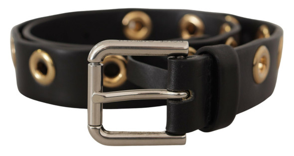 Black Leather Eyelet Silver Tone Metal Buckle Belt Black Leather Eyelet Silver Tone Metal Buckle Belt