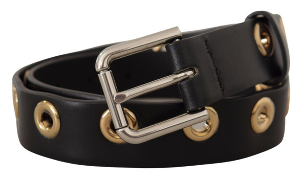 Black Leather Eyelet Silver Tone Metal Buckle Belt Black Leather Eyelet Silver Tone Metal Buckle Belt