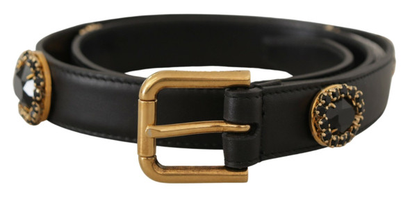 Black Leather Embellished Crystal Logo Belt Black Leather Embellished Crystal Logo Belt