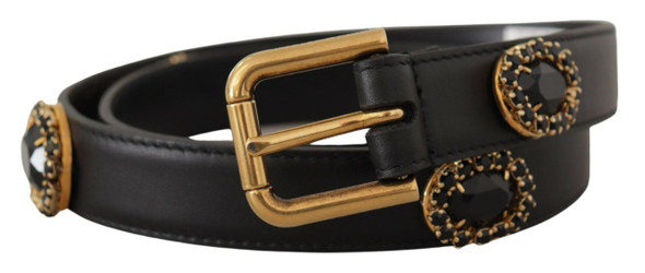 Black Leather Embellished Crystal Logo Belt Black Leather Embellished Crystal Logo Belt