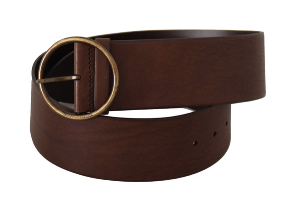 Brown Leather Wide Waist Logo Metal Round Buckle Belt Brown Leather Wide Waist Logo Metal Round Buckle Belt