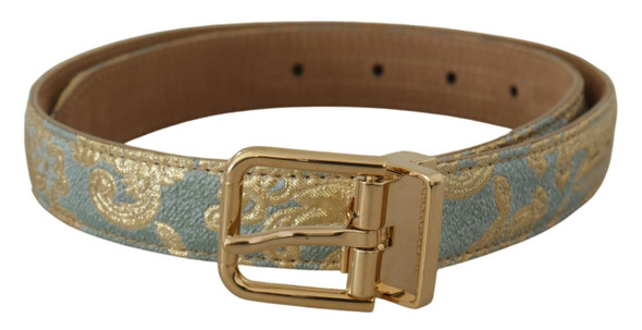 Blue Leather Jacquard Embossed Gold Metal Buckle Belt Blue Leather Jacquard Embossed Gold Metal Buckle Belt