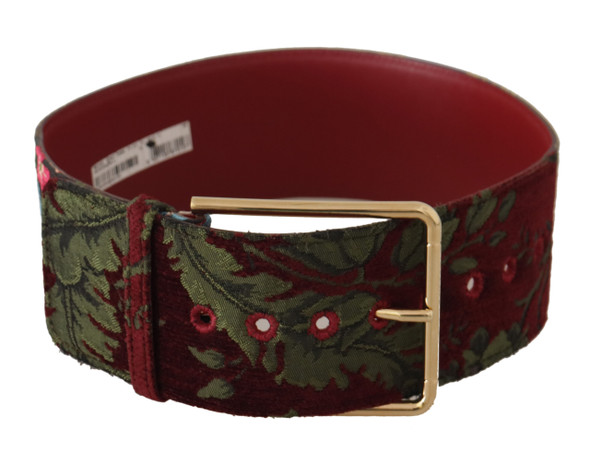 Red Embroidered Leather Gold Logo Metal Buckle Belt Red Embroidered Leather Gold Logo Metal Buckle Belt