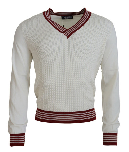 White Red Knitted V-neck Pullover Sweater White Red Knitted V-neck Pullover Sweater