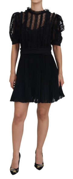 Black Lace Trim A-line Mini Nylon Dress Black Lace Trim A-line Mini Nylon Dress