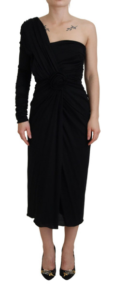 Dolce & Gabbana Black Wrap Sheath One Shoulder Wool Dress Dolce & Gabbana Black Wrap Sheath One Shoulder Wool Dress