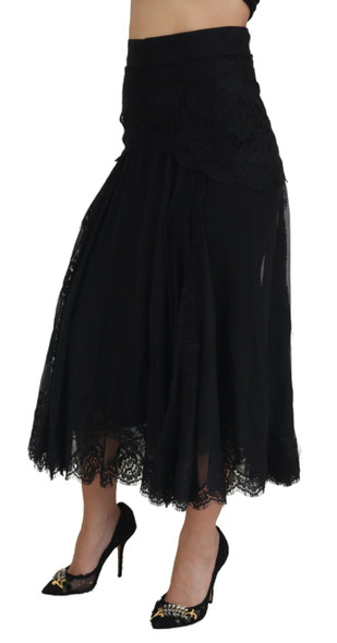 Black Silk Lace Trim High Waist Midi Skirt Black Silk Lace Trim High Waist Midi Skirt